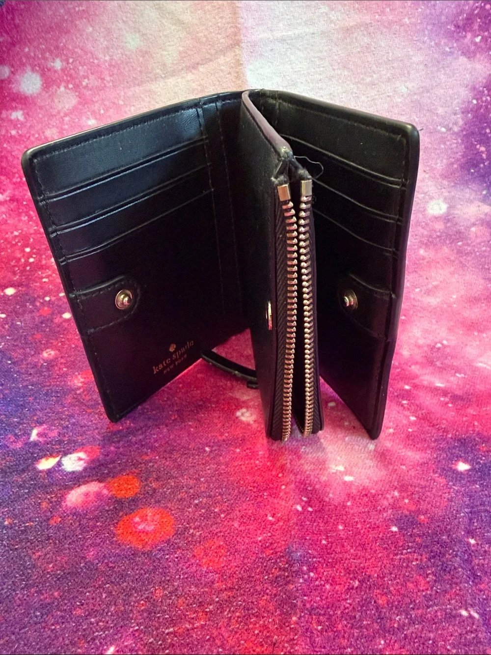 kate spade black Saffiano zip wallet with gold logo